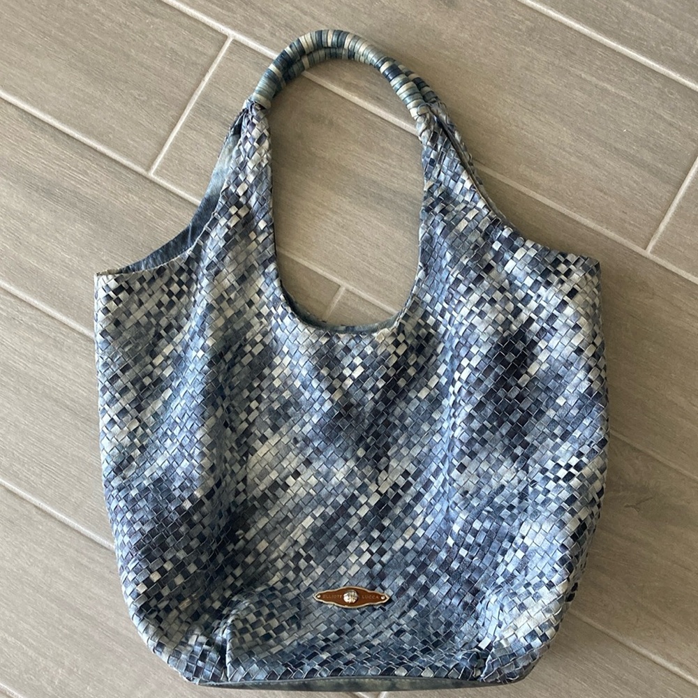 Elliott Lucca Millana blue woven leather handbag